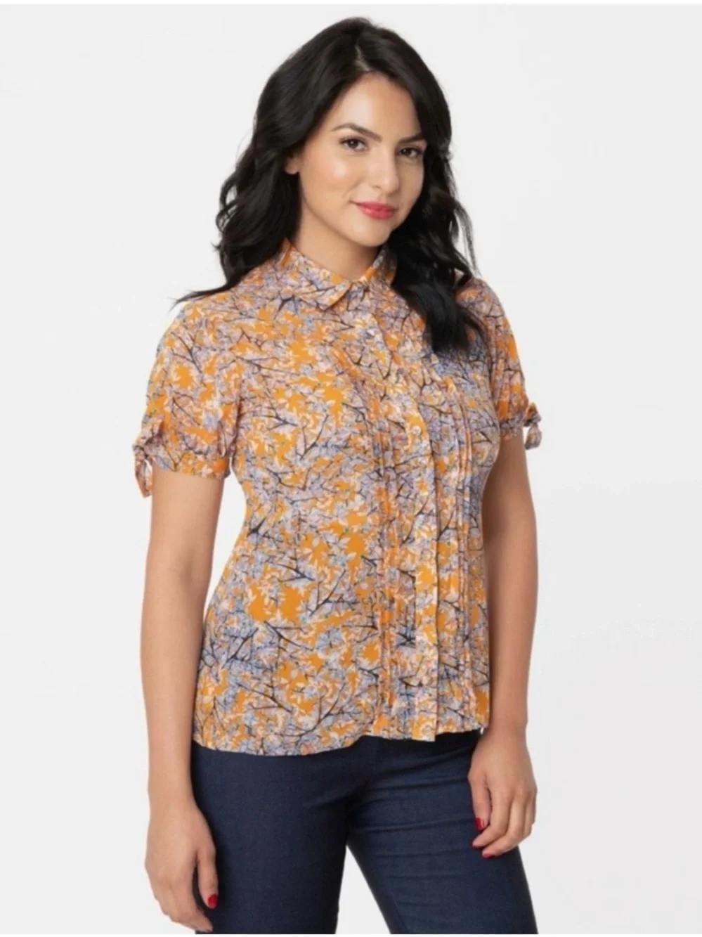 Unique Vintage Red Floral Branch Print Pintuck Blouse Button Up 1940s Style M - Picture 10 of 11